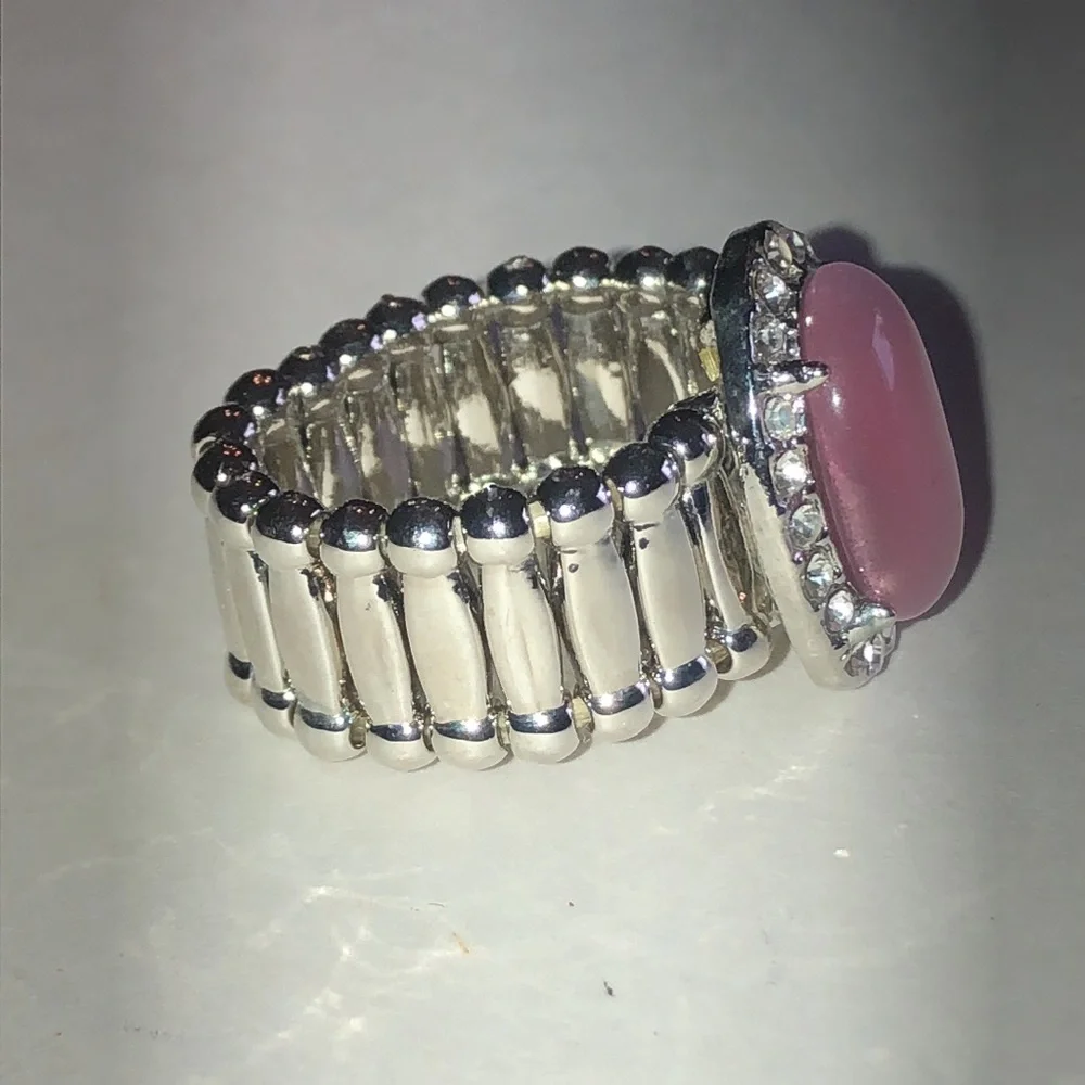 Silver Tone Ring with Pink Cat's Eye Center and Crystal Halo